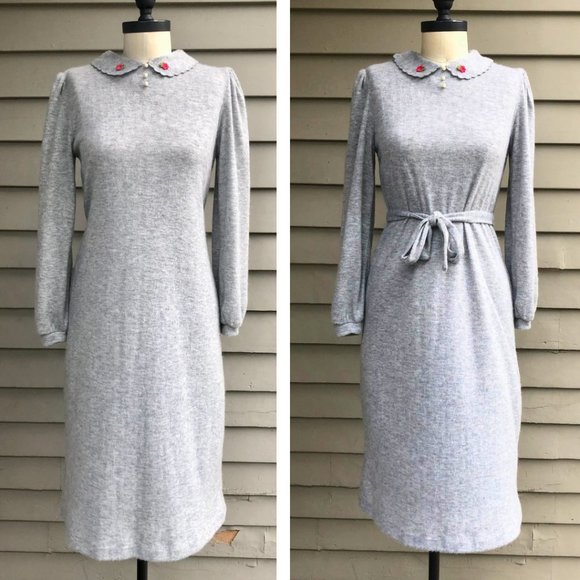 Vintage OOPS CALIFORNIA Coquette Gray Knit Puff Sleeve Belted Midi Dress XS/S - Picture 12 of 15